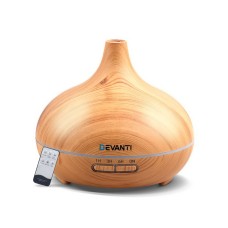 Devanti Aroma Diffuser Aromatherapy Humidifier, Light Wood Grain, 300ml, 7-Color LED, Zen-Inspired Design