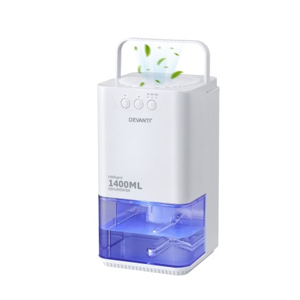Devanti 1400ml Portable Dehumidifier Quiet Sleep Mode Timer Auto‑Off 7‑Colour Lamp Up to 280sq.ft 330ml/day