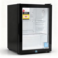 Devanti 56L Black Bar Fridge with Glass Door, Adjustable Shelves, LED Light, Lock & 6 Temp Settings - Compact Cooler