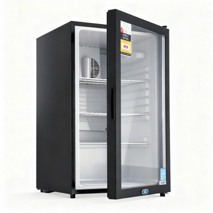 Devanti 105L Bar Fridge Glass Door Mini Fridge Countertop Cooler Black R600a 2–14°C Adjustable Shelves