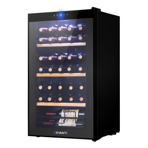 Devanti Wine Fridge Cooler, Black, 34 Bottles, 80L, Compression Cooling, UV-Resistant Glass, Touch Control