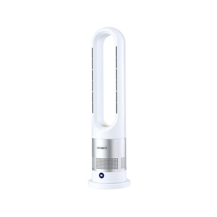 Devanti 2-in-1 Bladeless Tower Fan Heater, Portable Oscillating Cooler, 1200W, Quiet, ABS, 67cm, Remote, White/Silver