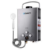 Devanti Portable Gas Water Heater 8L/Min with LED Display, 12V Pump, LPG System, Adjustable Temp, Grey, Outdoor Use