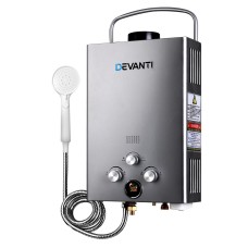 Devanti Portable Gas Water Heater 8L/Min with LED Display, 12V Pump, LPG System, Adjustable Temp, Grey, Outdoor Use