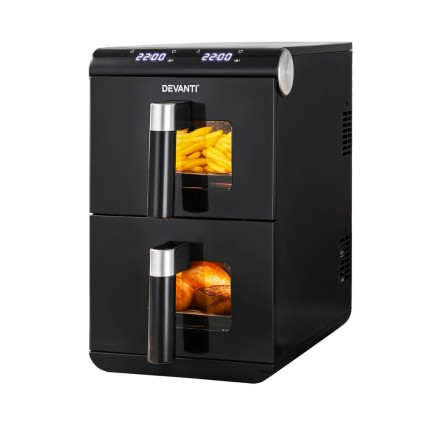 Devanti 11L Dual Zone Air Fryer Oven, Stainless Steel, 1700W, 2 x 5.5L Baskets, 13 Presets, Touch