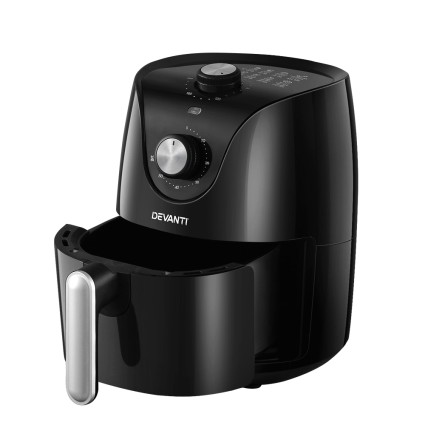 Devanti Air Fryer, Stainless Steel, 2.5L, Black/Silver, 1200W, Oil-Free Cooking, Knob Control, Easy Clean, Safe Design