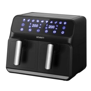 Devanti Air Fryer, Stainless Steel, 8L Dual Zone, Black & Silver, 1700W, Oil-Free Cooking, LCD Touch Control Panel