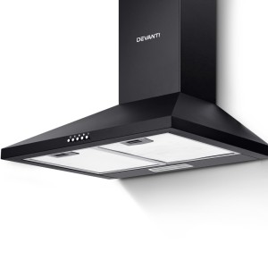 Devanti Range Hood, Powder-Coated Steel, 600mm, Black, 3-Speed, LED Lamp, Strong Suction, Removable Filters