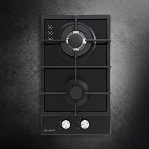 Devanti 30cm 2 Burner Gas Cooktop Built-in Glass Stove NG/LPG, Wok Burner, Flame Failure Device, Cast Iron Trivets