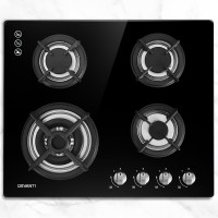 Devanti 60cm Gas Cooktop 4 Burner Black Tempered Glass Surface with Cast Iron Grates, LPG Conversion Kit Included