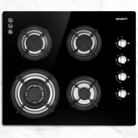 Devanti 60cm Black Tempered Glass Gas Cooktop Stove Hob with 4 Burners, Cast Iron Grates, LPG Conversion Kit Included