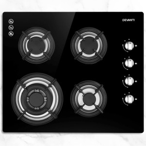 Devanti 60cm Black Tempered Glass Gas Cooktop Stove Hob with 4 Burners, Cast Iron Grates, LPG Conversion Kit Included