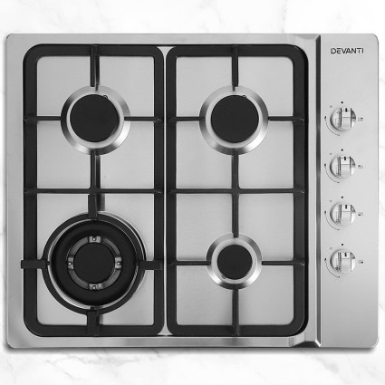 Devanti 60cm Gas Cooktop Stove Hob Silver Stainless Steel 4 Burners Wok Semi-Rapid LPG Conversion Kit Included