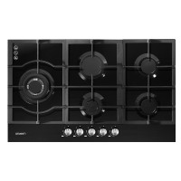 Devanti 90cm 5 Burner Gas Cooktop - Black Tempered Glass, Cast Iron Grates, LPG Compatible, Flame Safety, 11.1kW