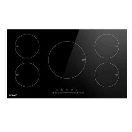 Devanti 90cm Induction Cooktop 5-Zone Ceramic Glass Hob 9 Power Levels Timers Child Lock 7200W Overheat Protection