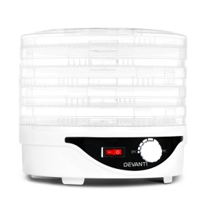 Devanti 5 Trays Food Dehydrator White, Adjustable Temperature, Food Grade Plastic, Quiet Operation, 245W Jerky Dryer