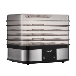 Devanti Food Dehydrator, Stainless Steel, 5 Trays, Silver - Nutrient-Rich Drying with Quiet, Energy-Saving Operation