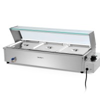 Devanti Commercial Bain Marie Food Warmer with 3 Stainless Steel Pans, Adjustable 30-110°C, 1000W, Easy Clean