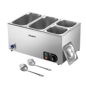 Devanti Commercial Food Warmer Bain Marie with 4 Stainless Steel Pans, Adjustable Thermostat, 1200W, 91cm Buffet Server