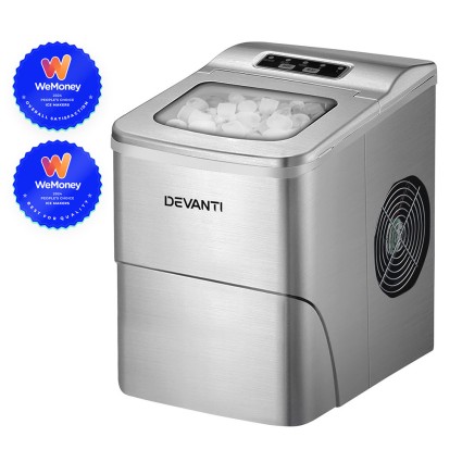 Devanti Portable Ice Cube Maker, Silver, 22.5x31x32cm - Fast, Energy-Efficient, 2 Sizes, 12kg Daily Capacity