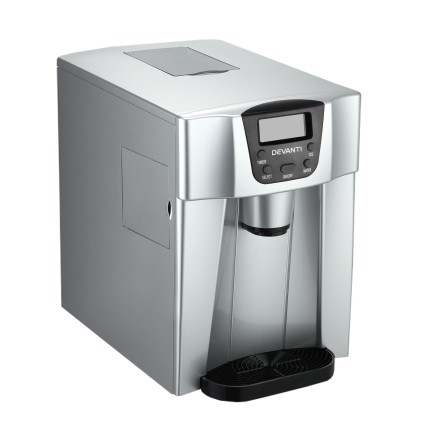 Devanti 2L Portable Ice Cuber Maker and Water Dispenser, Silver, 12kg Daily Output, 2 Ice Sizes, Compact Design