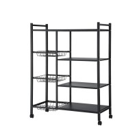 Artiss 4-Tier Kitchen Rack with 3 Mesh Baskets Lockable Wheels Reinforced Steel Dark Grey Storage Shelf