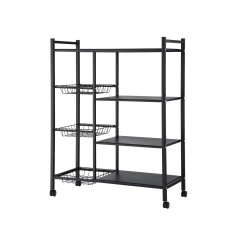 Artiss 4-Tier Kitchen Rack with 3 Mesh Baskets Lockable Wheels Reinforced Steel Dark Grey Storage Shelf