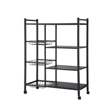 Artiss 4-Tier Kitchen Rack with 3 Mesh Baskets Lockable Wheels Reinforced Steel Dark Grey Storage Shelf