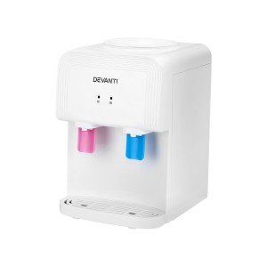 Devanti Water Cooler Dispenser, Plastic & Stainless Steel, Compact Bench Top, White, Dual Hot & Cold Spouts, Safe