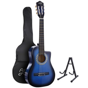 Alpha 34 Inch Classical Guitar, Wooden Body, Blue, Nylon Strings, Beginner Bundle w/ Stand, Picks, Bag, Capo