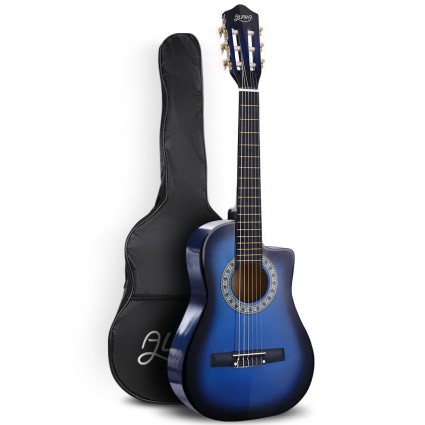 Alpha 34 Inch Classical Guitar, Wooden Body, Nylon Strings, Blue, Beginner Kids Gift, Includes Picks &amp; Carry Bag