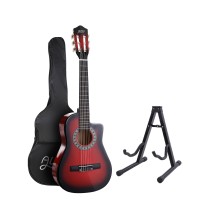 Alpha 34 Inch Classical Guitar, Laminated Linden Body, Red, Beginner Set with Stand, Bag, Picks, Strings & Capo