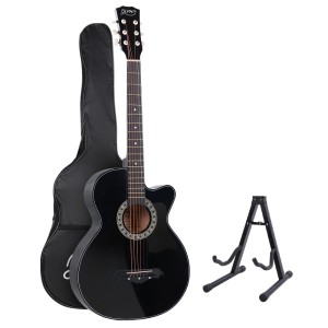 Alpha Acoustic Guitar, Laminated Linden, 38 Inch, Black, Steel Strings, Cutaway Design, Stand & Accessories Included