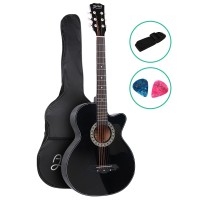 Alpha 38 Inch Acoustic Guitar, Laminated Linden, Black, Full Size Cutaway, Steel Strings, Includes Strap & Bag