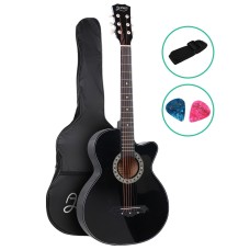 Alpha 38 Inch Acoustic Guitar, Laminated Linden, Black, Full Size Cutaway, Steel Strings, Includes Strap & Bag