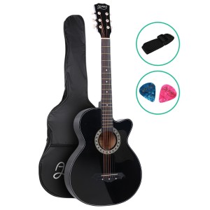 Alpha 38 Inch Acoustic Guitar, Laminated Linden, Black, Full Size Cutaway, Steel Strings, Includes Strap & Bag
