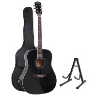 Alpha 41 Inch Acoustic Guitar, Laminated Linden Body, Black, Steel Strings, Dreadnought, with Stand & Accessories