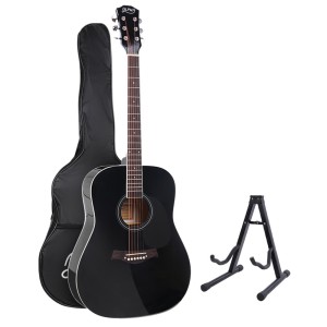 Alpha 41 Inch Acoustic Guitar, Laminated Linden Body, Black, Steel Strings, Dreadnought, with Stand & Accessories