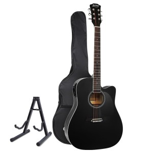 Alpha Professional Acoustic Guitar, Laminated Linden, 41 Inch, Black, 5-Band EQ, Electric Output, Cutaway, w/ Stand