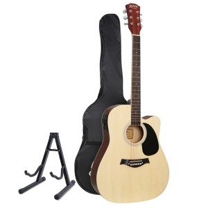 Alpha 41-Inch Acoustic Guitar, Laminated Linden, Natural Wood, Professional 5-Band EQ, Electric Output, with Stand