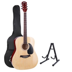 Alpha 41 Inch Acoustic Guitar, Laminated Linden, Natural Wood, Dreadnought, Steel Strings, with Stand & Accessories