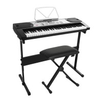 Alpha 61-Key Electronic Piano Keyboard, Silver, with Adjustable Stand & Stool, 255 Rhythms & Built-in Learning Functions
