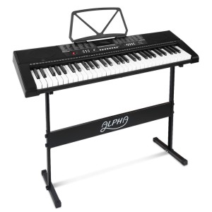 Alpha 61-Key Electronic Piano Keyboard with Stand, Digital Electric, LED Display, USB, Mic Input, Silent Practice