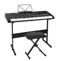 Alpha 61-Key Electronic Piano Keyboard, Black, Digital Electric w/ Stand & Stool, Lighted Keys, Music Training Features