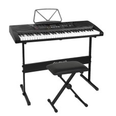 Alpha 61-Key Electronic Piano Keyboard, Black, Digital Electric w/ Stand & Stool, Lighted Keys, Music Training Features
