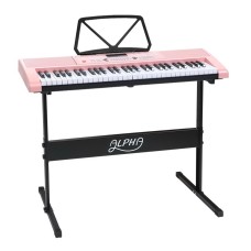 Alpha 61-Key Electronic Piano Keyboard, Digital Electric, Pink, w/ Stand & Lighted Keys, Music Training Features