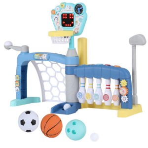 Keezi 5-in-1 Kids Sports Set: Basketball, Soccer, Bowling & More - Non-Toxic PP, Ages 3-7, Indoor/Outdoor Play, Blue