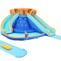 AirMyFun Kids Inflatable Water Park with Double Slides, Climbing Wall, PVC, 465x390cm, Blower Included