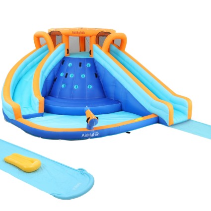 AirMyFun Kids Inflatable Water Park with Double Slides, Climbing Wall, PVC, 465x390cm, Blower Included
