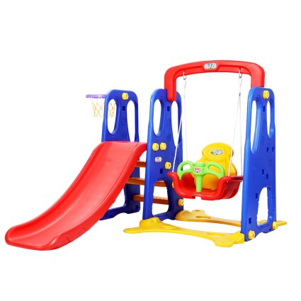 Keezi 3-in-1 Kids Slide Swing Set with Basketball Hoop – 120cm Blue, Non-Toxic PE Plastic, Easy Assembly, Bonus Football